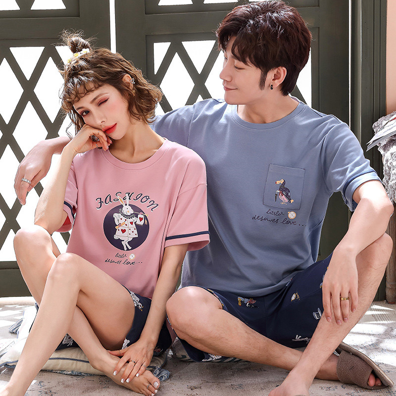 

Summer sweet couple pajamas O-neck T-shirt comfortable pajamas cartoon cute printed 100% cotton women two-piece suit