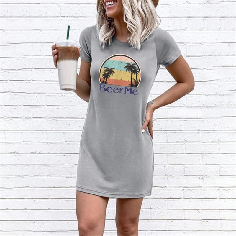 

Beer Me Letter Print Women Tshirt Dress Cute Rainbow Hawaiian Trees Graphic O-neck Short Sleeve Mini Dresses Summer Harajuku Top, Gray