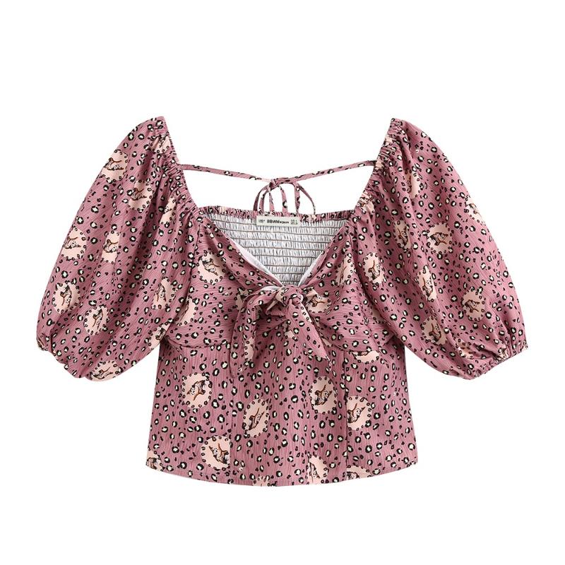 

2020 summer women's new butterfly neckline five-point sleeves exposed navel sexy lace-up printed short shirt, Purple