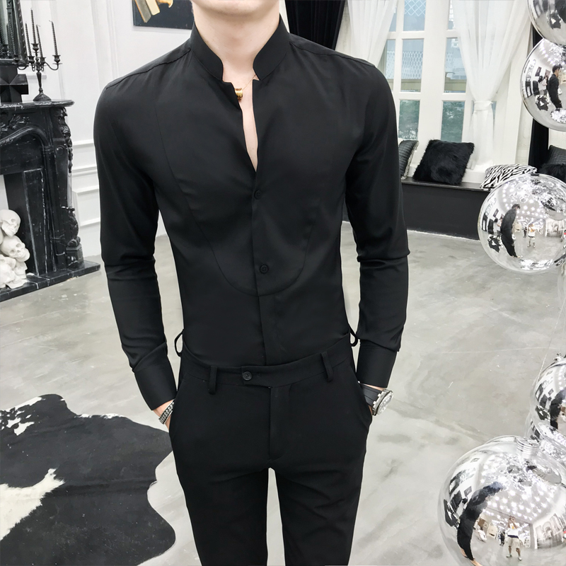 

new spring long-sleeve shirt men's stand collar slim casual fashion cotton high quality shirts men solid formal plain dress top, Black