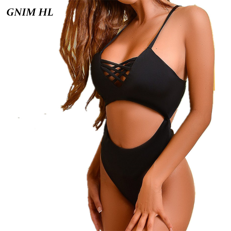 

GNIM One Piece Bandage Swimsuit Women High Waist Solid Bikini Mujer Swimwear 2020 Sexy Hollow Swimming Suit For Women Beachwear, Sc zy038 black
