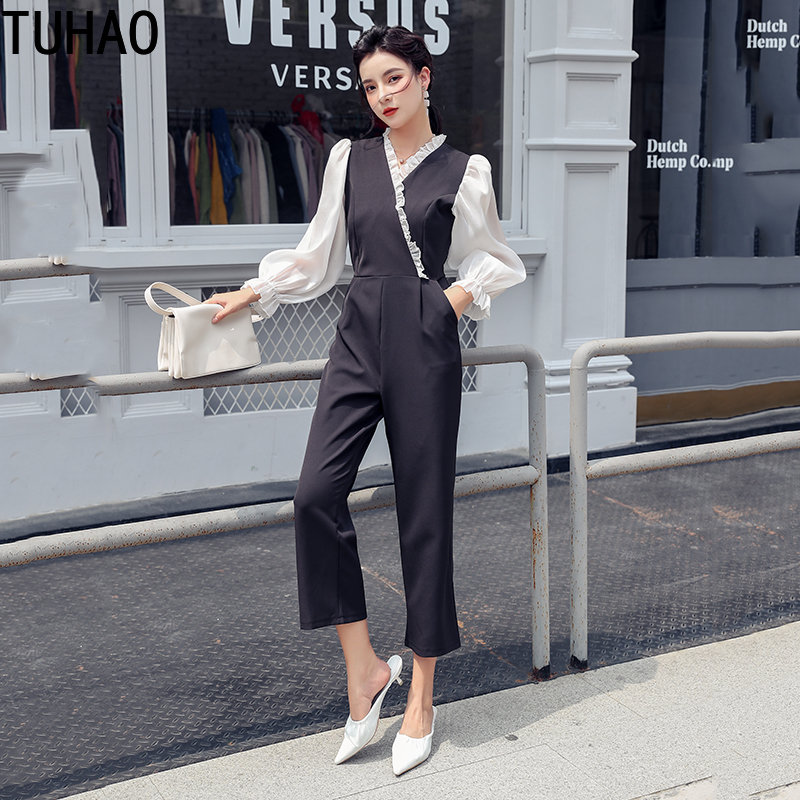 

TUHAO Office Ladies Ruffles Jumpsuits Women Overalls Rompers Sexy V-neck Elegant Jumpsuits High Waist Long Playsuit 2019 WM29, Black