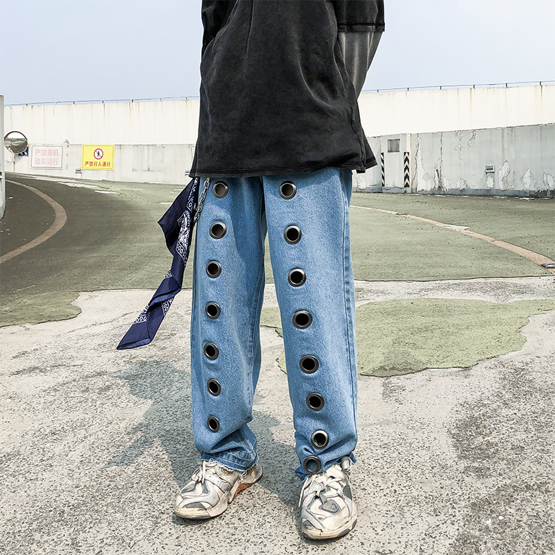 

Men Ring Hole Straight Harem Jeans Male Women Fashion Streetwear Hip Hop Gothic Loose Casual Denim Trousers Cowboy Pants, Black