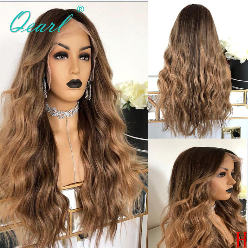 

Brown Blonde highlights Color Human Hair Lace Front Wig 250% 180% High Density Brazilian Remy Wavy Hair Wigs 13x4 Qearl, Ombre