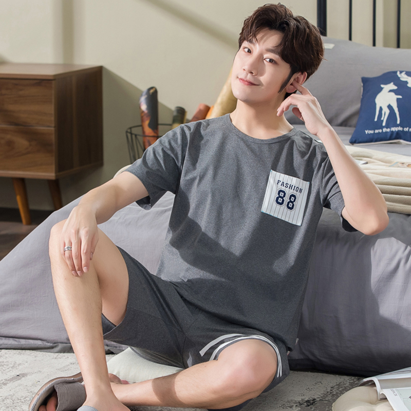 

BZEL Pijamas Men Summer Hot Sale Short Sleeve Shorts Fashion Simple Home Wear Large Size Loose Sleepwear Gray&Blue Cotton Nighty, 2023 light gray