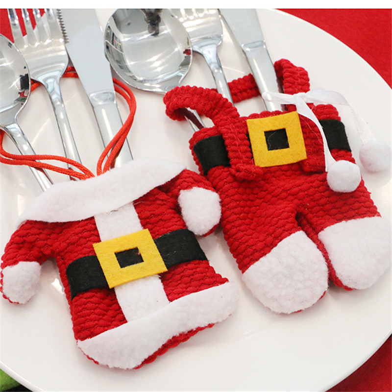 

Santa Hat Reindeer Christmas New Year Pocket Fork Knife Cutlery Holder Bag Home Party Table Dinner Decoration Tableware