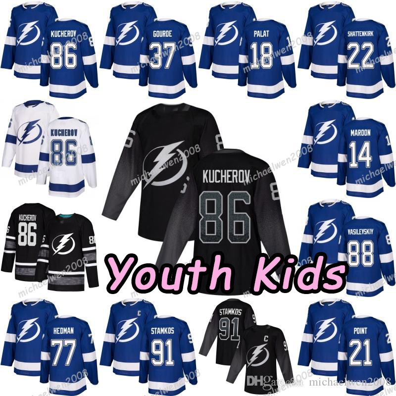 

Youth Kids Tampa Andrei Vasilevskiy Nikita Kucherov Bay Lightning Steven Stamkos Brayden Point Yanni Gourde McDonagh Ondrej Palat Jerseys, Youth away white