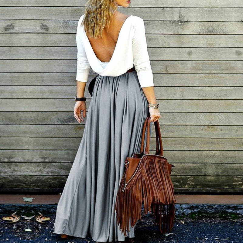 

Spring Autumn Long Skirt Summer Women Casual High Waist Vintage Retro Pleated Long Maxi Ankle-Length Solid Skirts 6Q1527, Gray