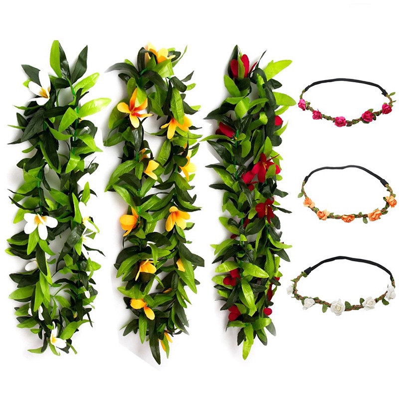 

6 PCS Hawaiian Leis Flowers Necklace Headbands Tropical Luau Hawaii for Party Supplies, Beach Party Decorations, Wedding, Birthd, Olive