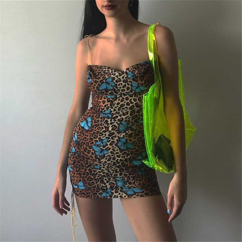 

Summer Dress Women Spaghetti Strap Sleeveless Sexy Leopard Print Butterfly Print Bodycon Dresss Party Dress Vestidos Robe Femme, Brown