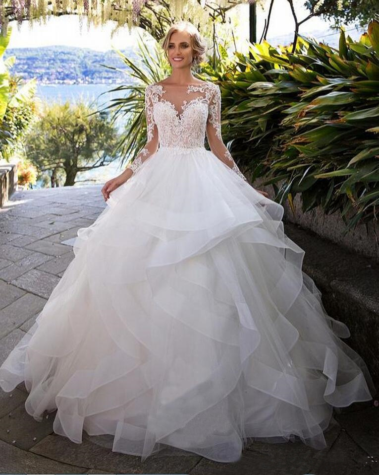 

Arrival Long Sleeve Mermaid Wedding Dresses V-Neck Backless Applique and Beading Sweep Train Mermaid Bridal Dress Gowns, White