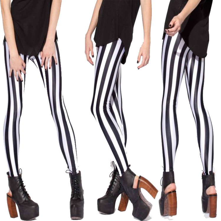 

New Milk Black White Vertical Stripes Starry Sky Digital Leggings Women' Small Pencil Pants Clothing, Picture color