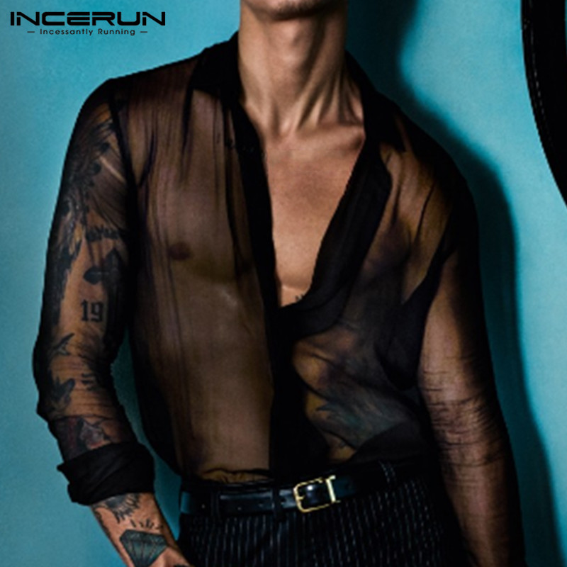 

INCERUN Men Solid Color Long Sleeve Lapel Shirt Fashion Breathable Thin Button Mens Clubwear Party Casual Sexy Blouse Streetwear, Black