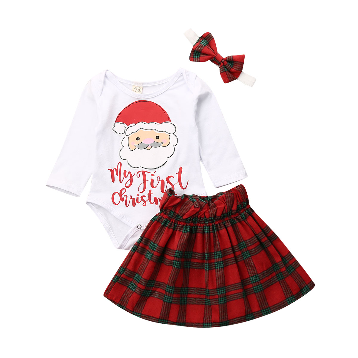 UK My 1st Christmas Newborn Baby Girl Xmas Clothes Romper Plaid Skirt 3Pc Outfit