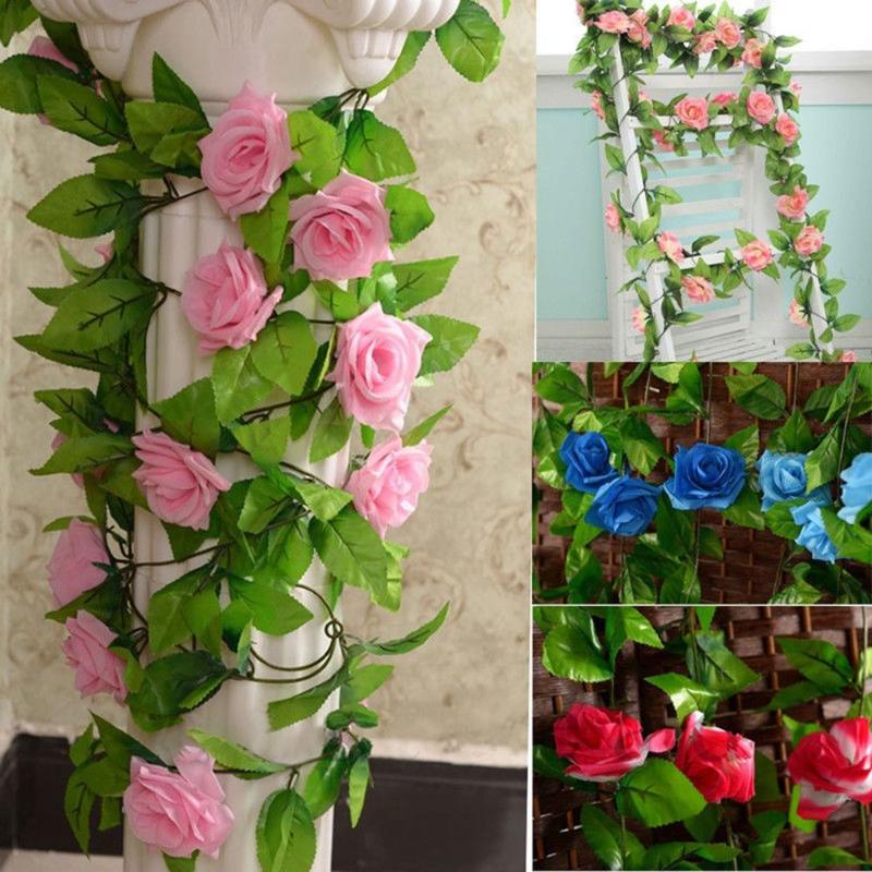

250cm Fake Silk Roses Ivy Vine Artificial Flowers with Green Leaves For Home Wedding Decoration Hanging Garland Decor New, Red
