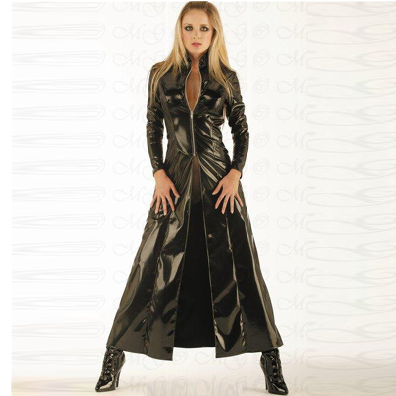 

Fashion sexy plus size vinyl clubwear balck pvc faux leather long sleeves gothic long coat for men women PU leather coat trench, Black