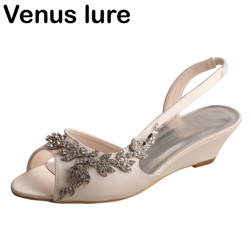 

Customized Ivory Low Heel Wedding Shoes for Bride Wedges Crystals Women Sandals, Fuchsia