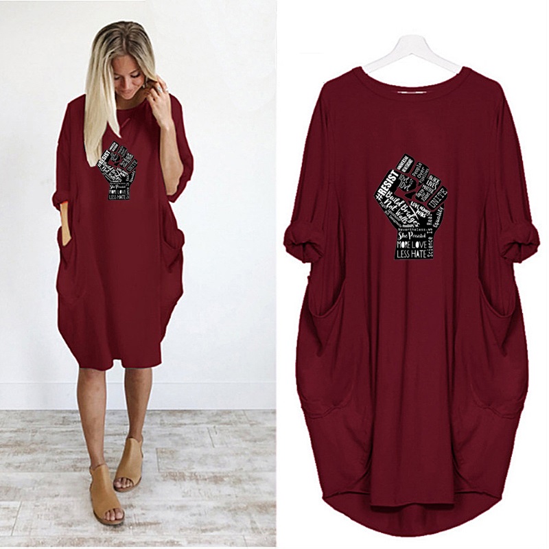 

Women Fashion Dresses Casual Printed Casual Long Sleeve Dresses Womens Fashion Crew Neck Sexy Loose Dresses Summer Hot Sale, Black