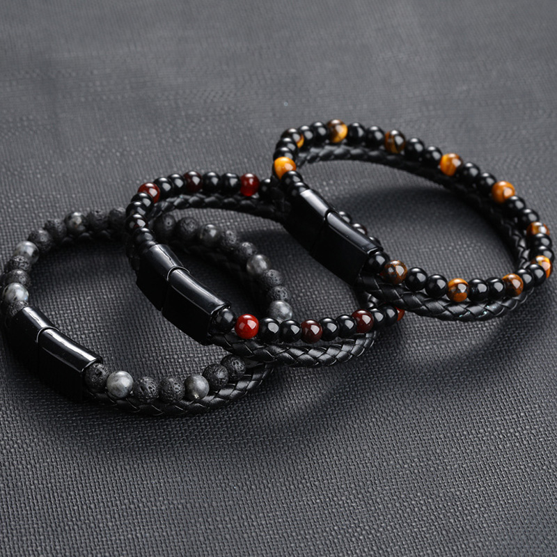 

Men Jewelry Stone PU Leather Bracelets Magnetic Clasp Beaded Braided Double Layer Bracelet for Men Boys FO Sale