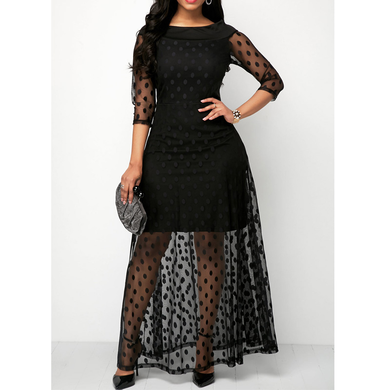 

Vintage Women Long Maxi Dress 2020 Elegant Women Black A-Line Dot Mesh Patchwork Party dress, As pic