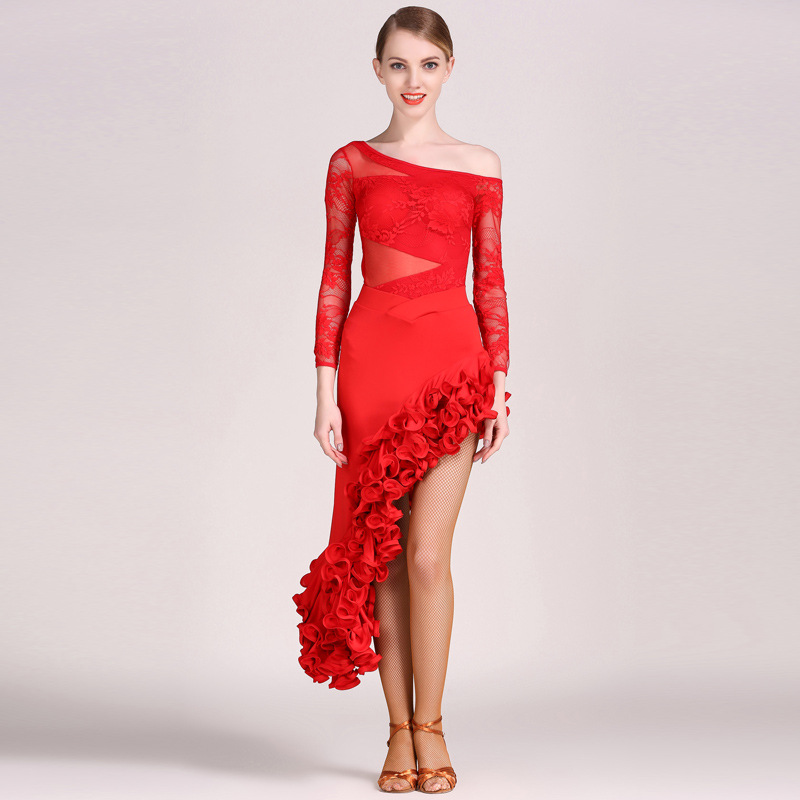 

feecolor Silk and Nylon Adult long-sleeved Latin dance custom suit for women, Black