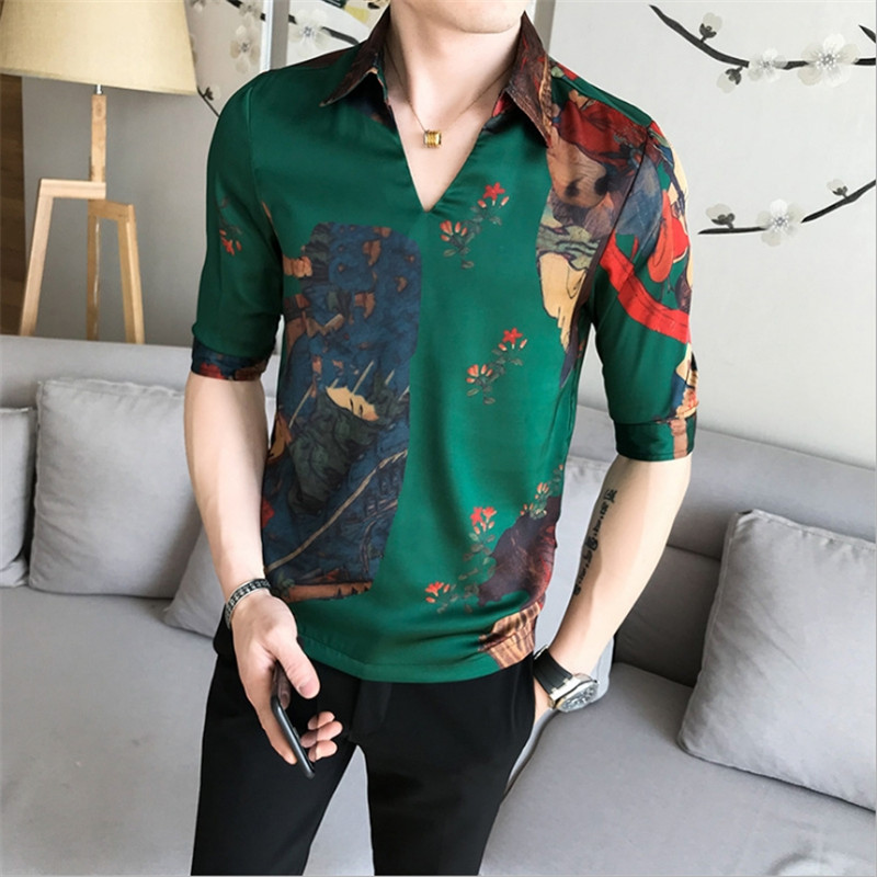 

Male Half Sleeve Summer Club Shirt Camisa Masculina Chemise V-Collar Chinese Style Shirt Male Slim Fit Fashion Clothes