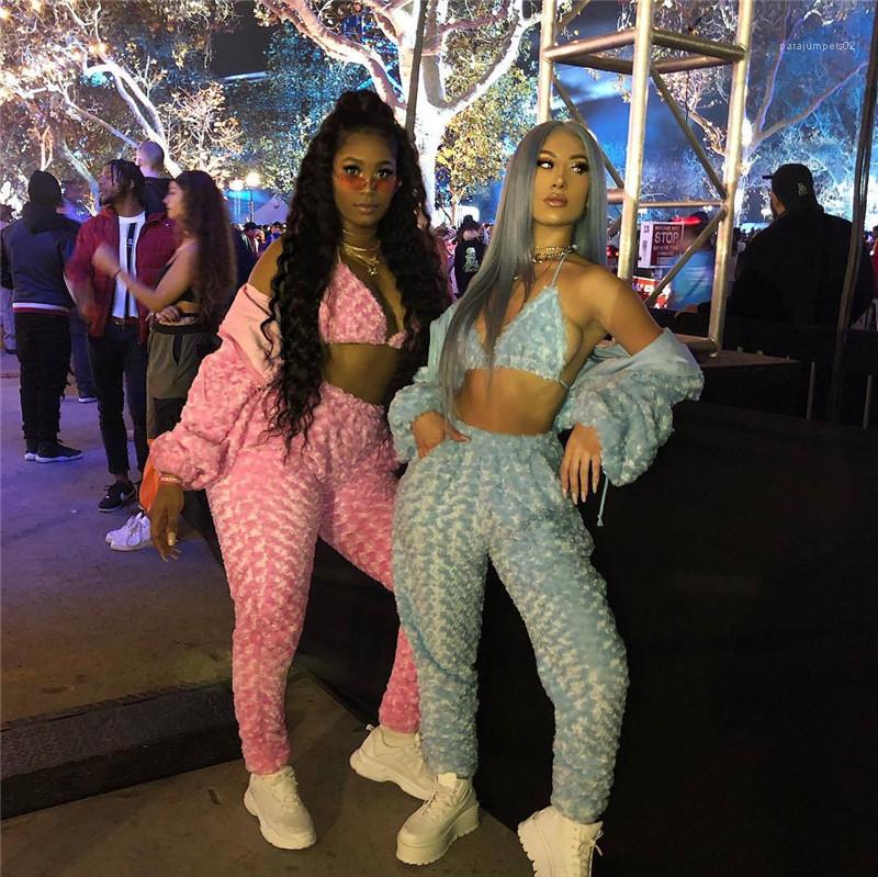 2 Pièce Pantalon Doux Sexy Mince À Manches Longues Zipper Costumes De Mode Femmes Survêtements Rose Velours Femmes Designer Survêtements À Capuch