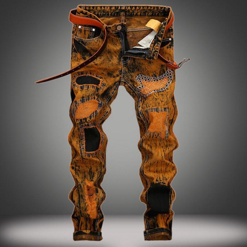 

EL BARCO Vintage Hip Hop Cotton Denim Jeans Men Autumn Ripped Holes Streetwear Funny Pants Blue Soft Slim Yellow Male Trousers, Vintage yellow 170
