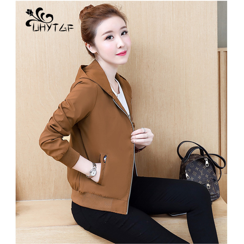 

UHYTGF Spring new jacket Korean version large size women's clothing Casual loose jacket short hooded baseball uniform X22, Black