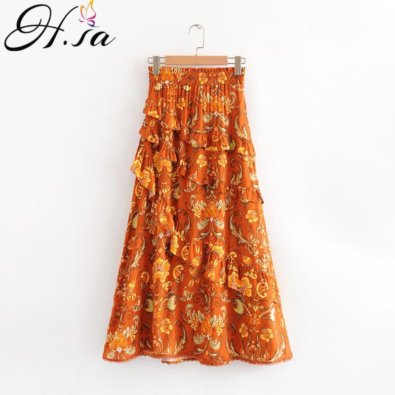 

H.SA European Fashion Women Ruffles Long Skirts Floral Printed Cake Robe Shirts High Waist Holiday Wear Beach Pleated Skirt, Sls83130 blue