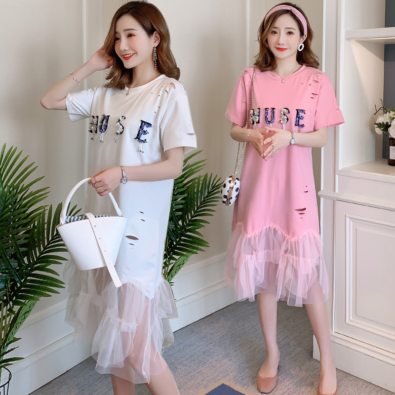 

202# Maternity Clothes Summer Short Sleeve gauze Easy Matching Loose Stylish Dress for Pregnant Women Pregnancy Clothes, White