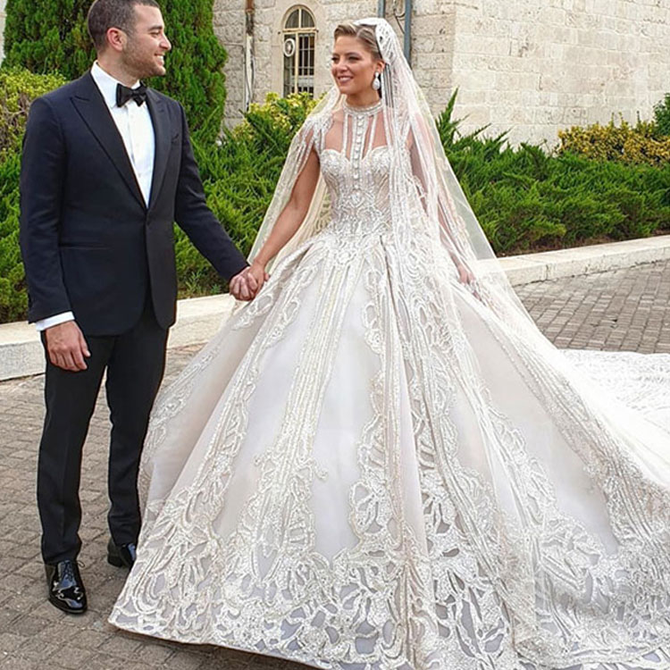 

Elie Saab Luxury Ball Gown Wedding Dresses Plus Size High Collar Full Beads Appliqued Bridal Gowns Puffy Sweep Train Wedding Dress, Orange