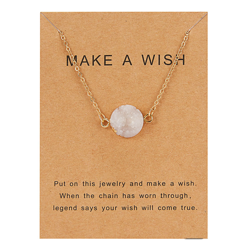 

8 colors Luxury Druzy Necklace For Women Round Natural stone pendant Gold Chains Fashion Make a Wish Card Jewelry Gift