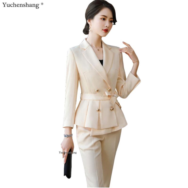 

Elegant Apricot Black Size -4XL Women Pant Suit Two Pieces Set Ruffle Double Breasted Blazer Coat With Pant For Office Lady, Black 2 piece set
