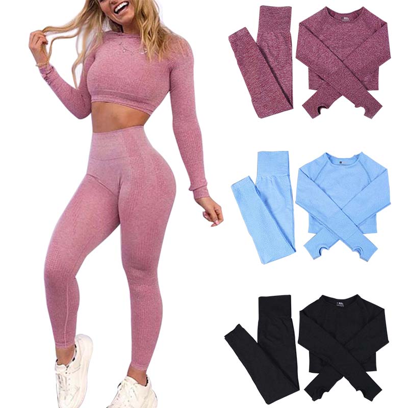 

Women Yoga Set Seamless Long Sleeve Sports Fitness 2 Piece Suit Ladies Crop Top High Waist Push Up Gym Legging Exercise Pants 050429, #3