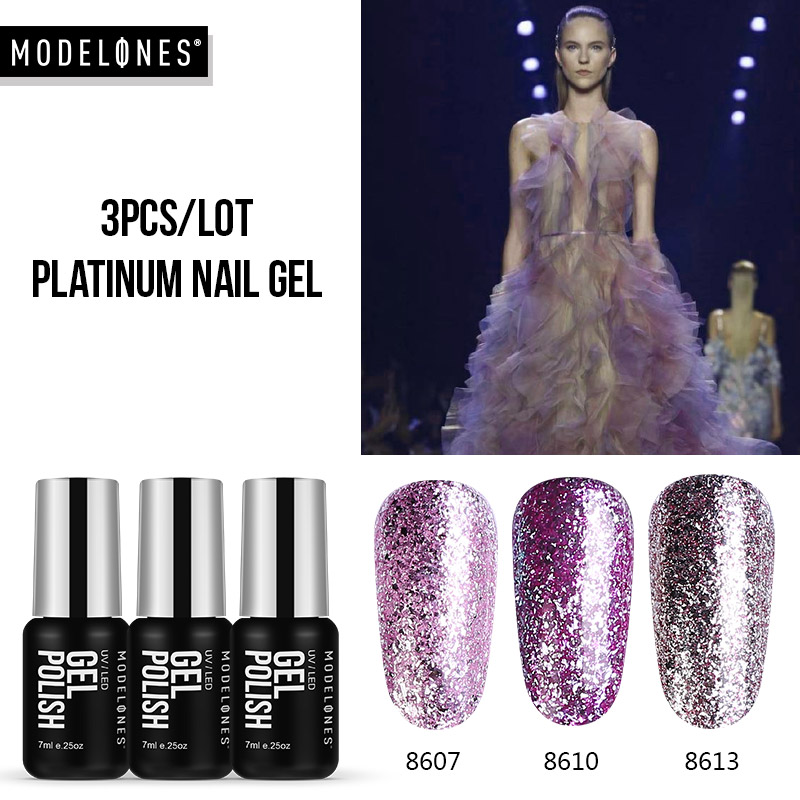 

Modelones 3Pcs/Lot Platinum Nail Gel Polish Set Super Shining Glitter Led Gel Nail Lacquer Soak Off Semi Permanent UV Hybrid, 2pcs set