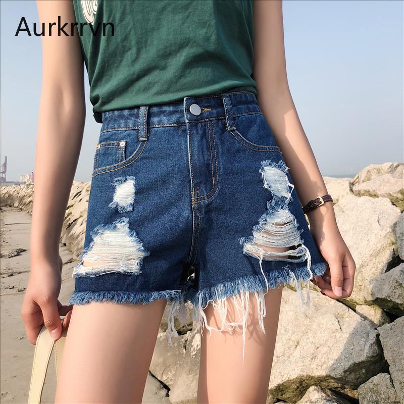 

Aurkrrvn Summer Denim Shorts for Women Blue Ripped Hole Fringe Fashion Straight Casual Mini Jeans Woman Shorts Female Denim, Sky blue