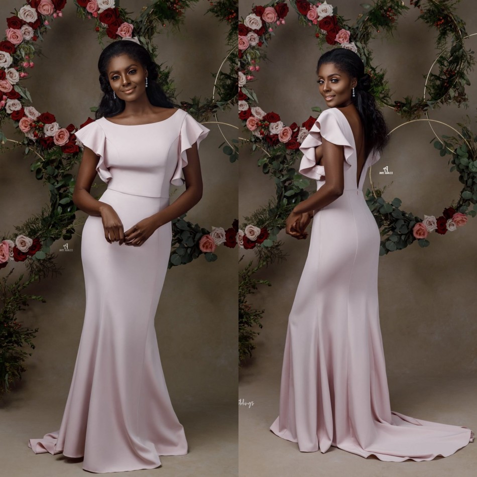 

2020 Black GIrl African Bridesmaid Dresses Scoop Mermaid Cap Sleeves Backless Maid Of Honor Party GOwns PLus Size Prom Dress