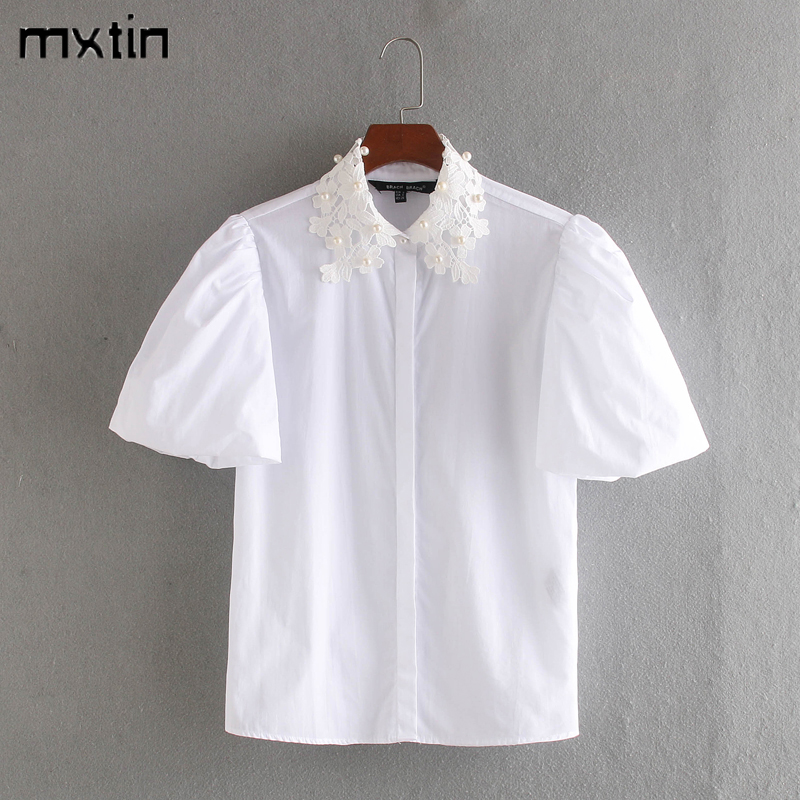 

vintage cute white pearl decoration short tops women blouses 2020 fashion lapel collar short sleeve ladies shirts casual blusas, As picture