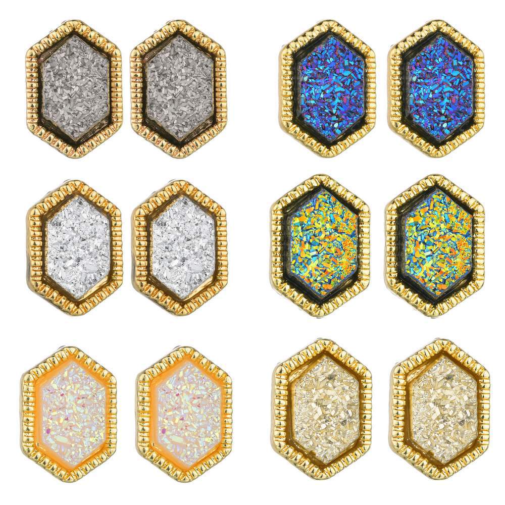 Women Hexagon Druzy Drusy Stud Earrings Golden Plated Mini Gold Purple Resin Studs Earring Christmas gift
