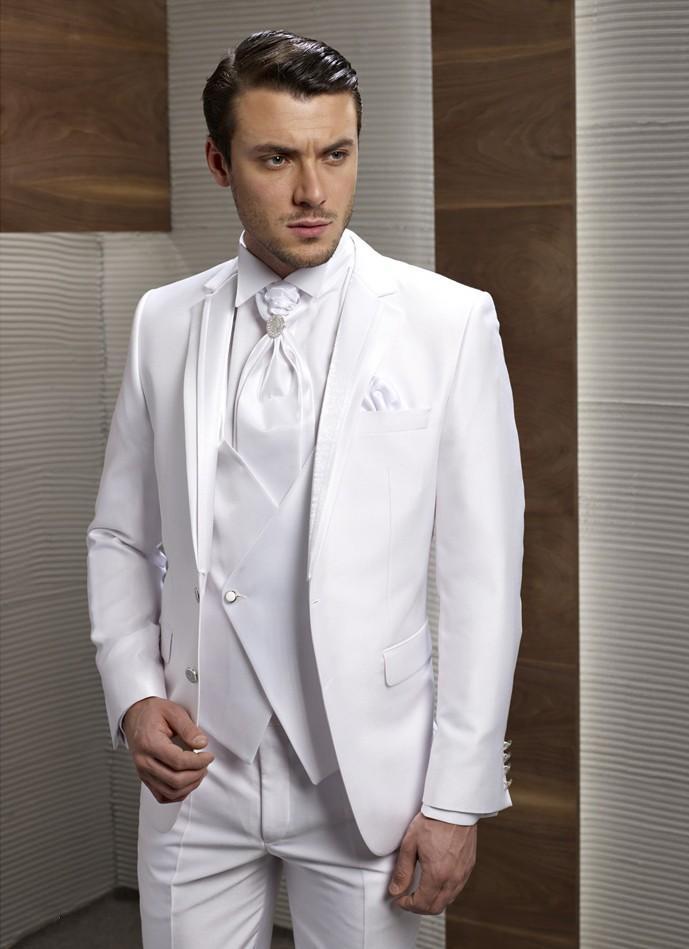 Fashion White Satin Groom Tuxedos Notch Lapel Groomsmen Mens Wedding Dress Handsome Man Jacket Blazer 3 Piece Suit(Jacket+Pants+Vest+Tie) 21