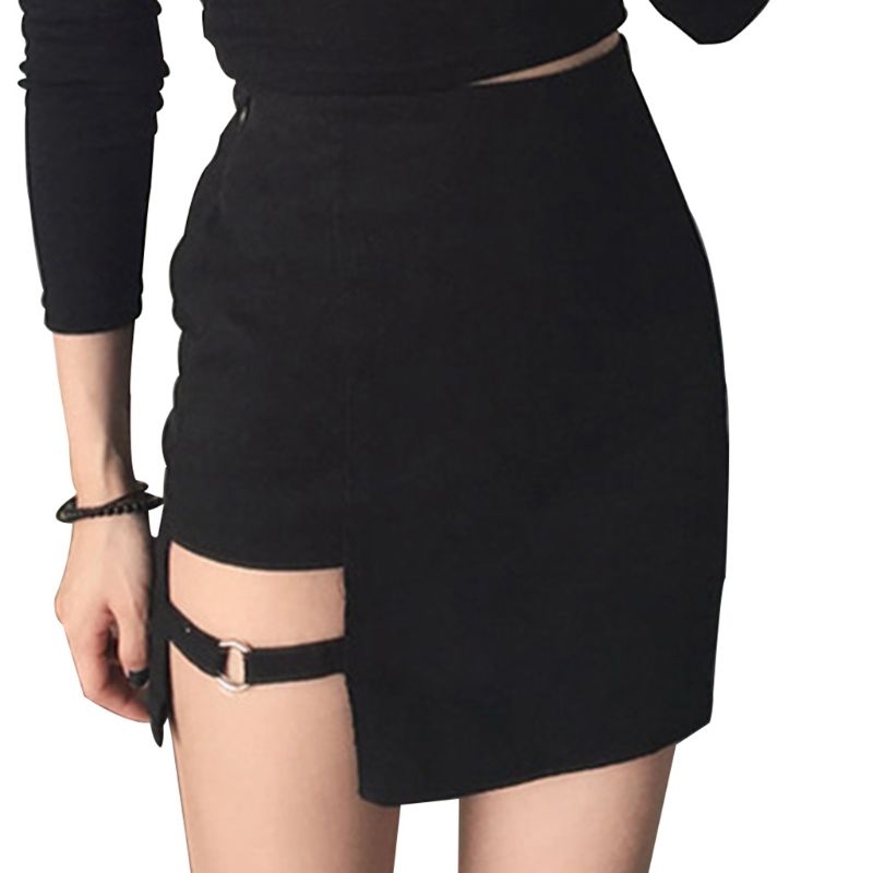 

Women Summer Cotton Sexy Mini Pencil Skirt Lady High Waisted Hollow Out Asymmetric Solid Color Metal Ring Deco Package Hip Skirt, As pic
