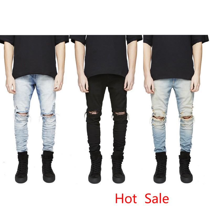 

Free Shipping Men Hi-Street Slim Fit Ripped Jeans Mens Distressed Denim Joggers Knee Holes Washed Destroyed Jeans