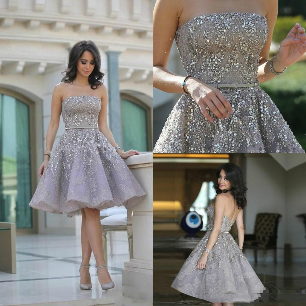 

2020 sparkling Sequin Beaded Short Prom Homecoming Dresses With Strapless A Line Organza Cocktail party Wears 2020, Silver