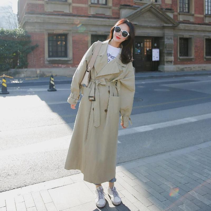 

Long Trench Coats Fashion Lady Waist Sashes Outerwear Windbreaker Loose Coat Big Pocket Overknee Trench Women Chic Dust Coat, Light khaki