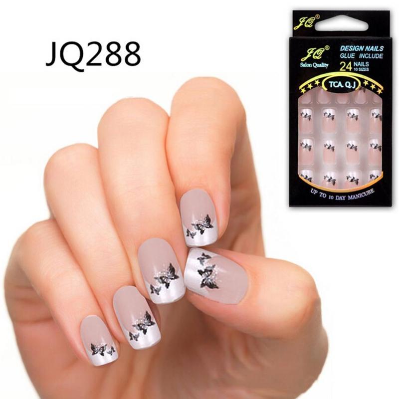 

24 pcs in 1 Box With Nail Glue Tape Press On False Nail Art Tips Full Cover Fake Tip 10 Sizes, 3mmx12m