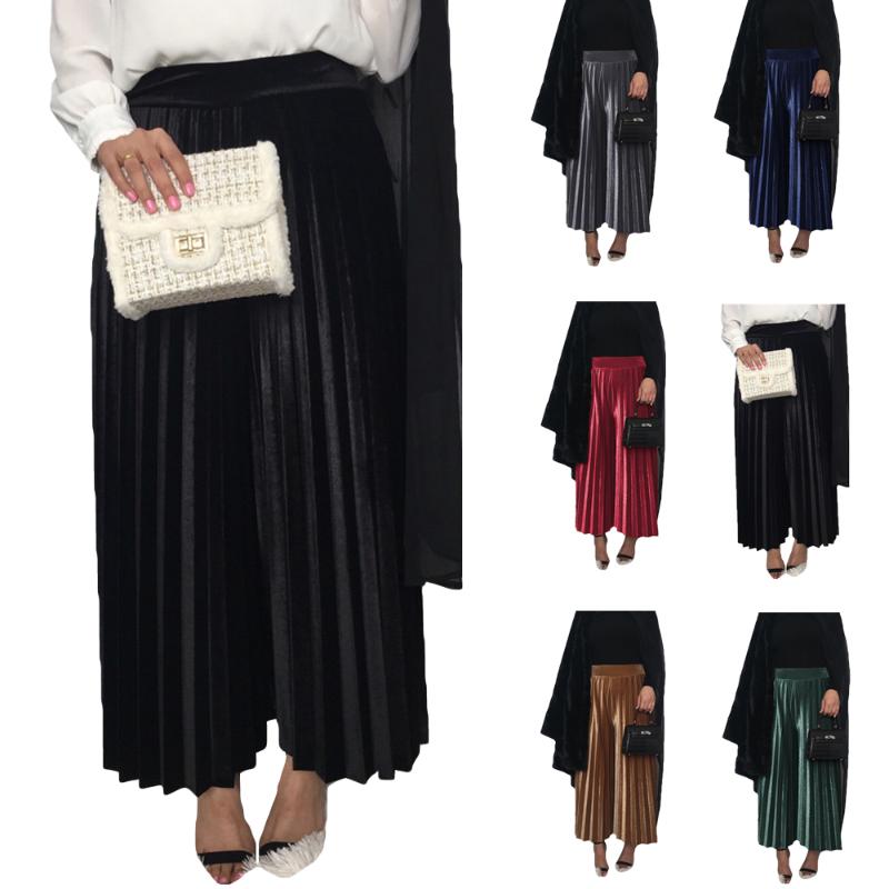 

Muslim Women Pleated Pants Velvet High Wasit Elastic Wide Leg Pants Trousers Dubai Islamic Bottoms Loose Straight Winter Dubai