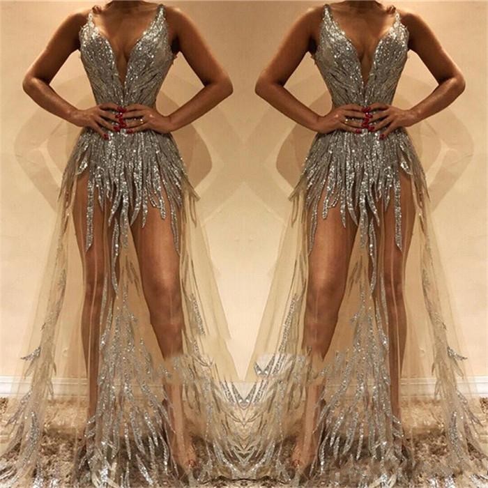 

Silver Formal Cocktail Dresses V Neck Sequins A Line Sweep Train Illusion Bodice Sexy Evening Gowns Custom Made Prom Dress, Same as picture