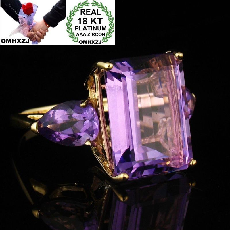 

OMHXZJ Wholesale European Fashion Woman Man Party Wedding Gift Luxury Square Amethyst 18KT Yellow Gold Ring RR724, Golden;silver