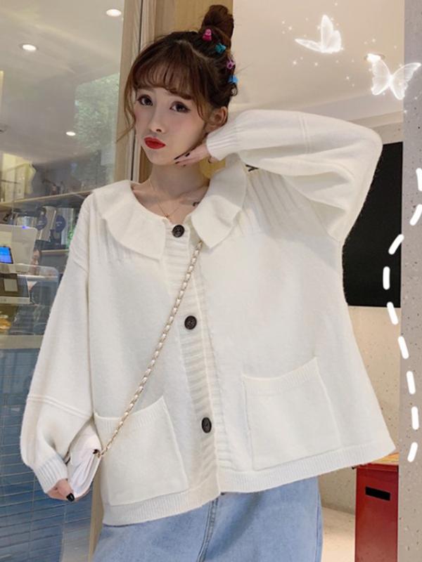 

2020 Spring Autumn Korean Sweet Cardigan Sweaters Women Kawaii Doll Collar Lantern Sleeve Knitted Tops Female Chic Loose Jumper, Green